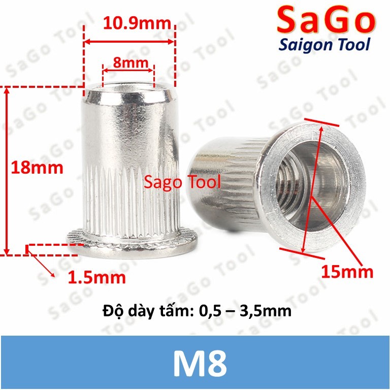 Tán ecu rút inox 304 size M3 M4 M5 M6 M8 M10 loại tốt - Ảnh 2