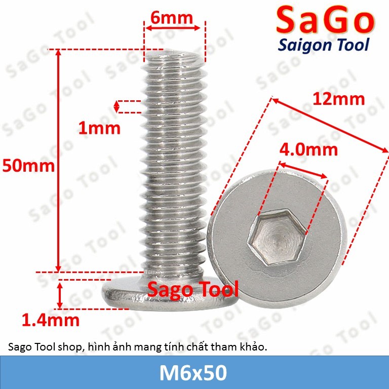 Ốc vít inox 304 đầu lục giác dẹp mỏng phẳng 3ly 4ly 5ly 6ly 8ly (10 con) - Ảnh 5