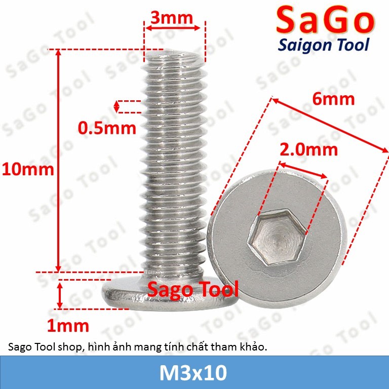 Ốc vít inox 304 đầu lục giác dẹp mỏng phẳng 3ly 4ly 5ly 6ly 8ly (10 con) - Ảnh 8