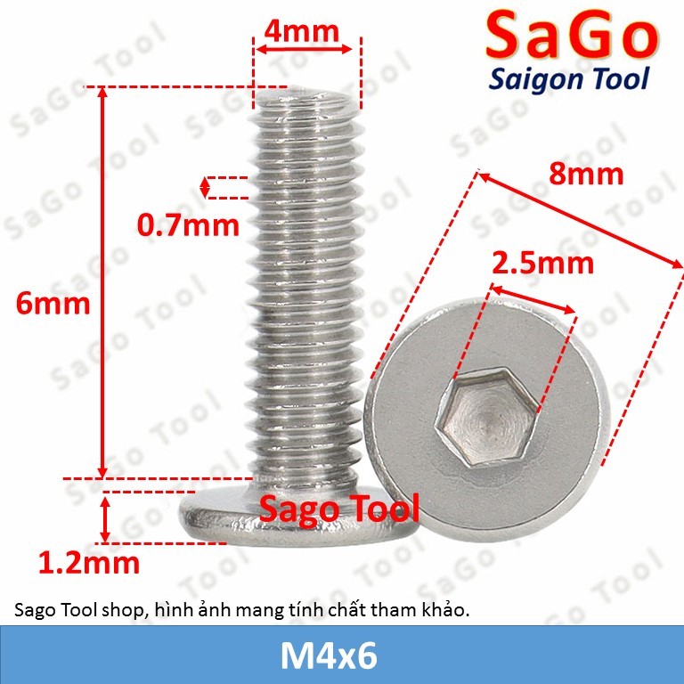 Ốc vít inox 304 đầu lục giác dẹp mỏng phẳng 3ly 4ly 5ly 6ly 8ly (10 con) - Ảnh 7