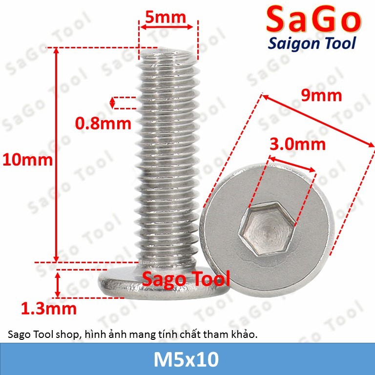 Ốc vít inox 304 đầu lục giác dẹp mỏng phẳng 3ly 4ly 5ly 6ly 8ly (10 con) - Ảnh 10