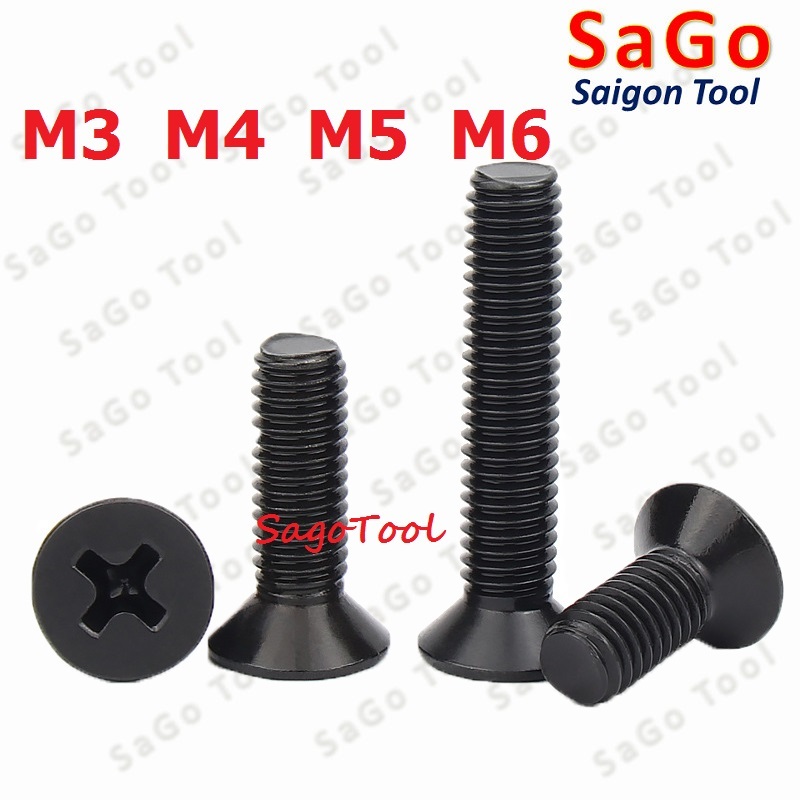Ốc Vít pake đầu bằng thép mạ đen M3 M4 M5 M6 Bu lông thép đen đầu bằng 20 con