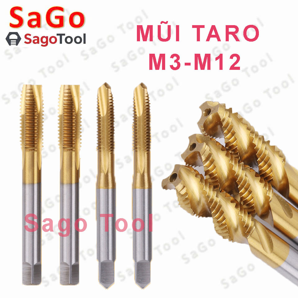Mũi taro Inox HSS 6542 xoắn và thẳng phủ TiN | M3–M12 | Mũi Taro ren trong thép gió loại tốt
