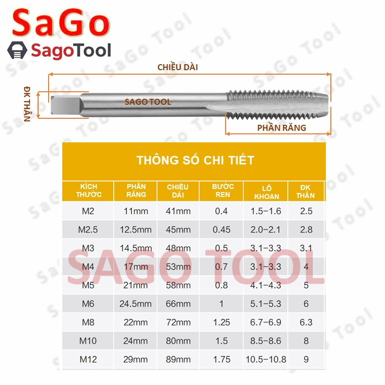 Mũi taro thẳng thép gió HSS 6542 | Taro ren trong M3–M12 chính xác, sắc bén - Ảnh 2