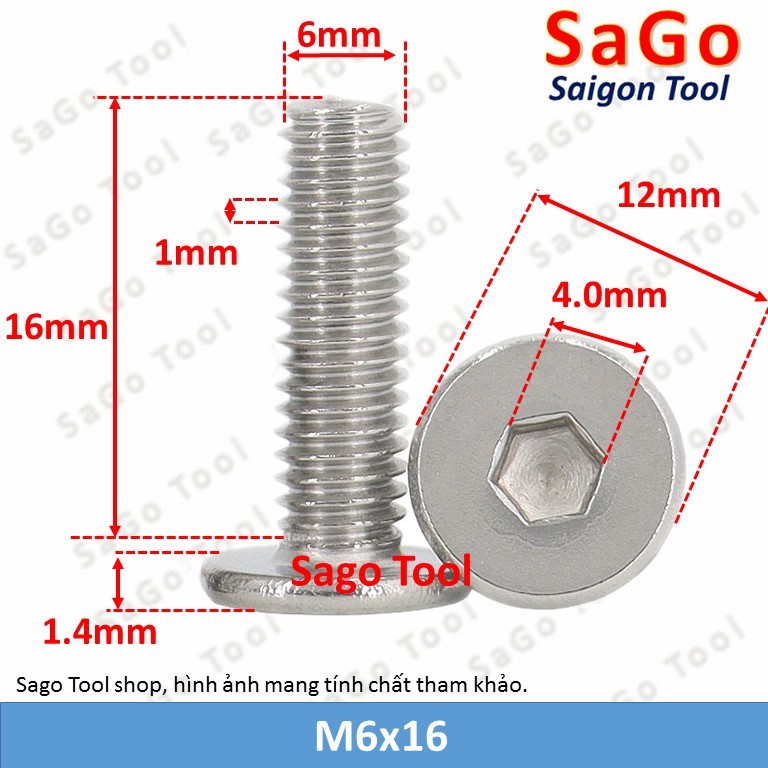 Ốc vít inox 304 đầu lục giác dẹp mỏng phẳng 3ly 4ly 5ly 6ly 8ly (10 con) - Ảnh 3