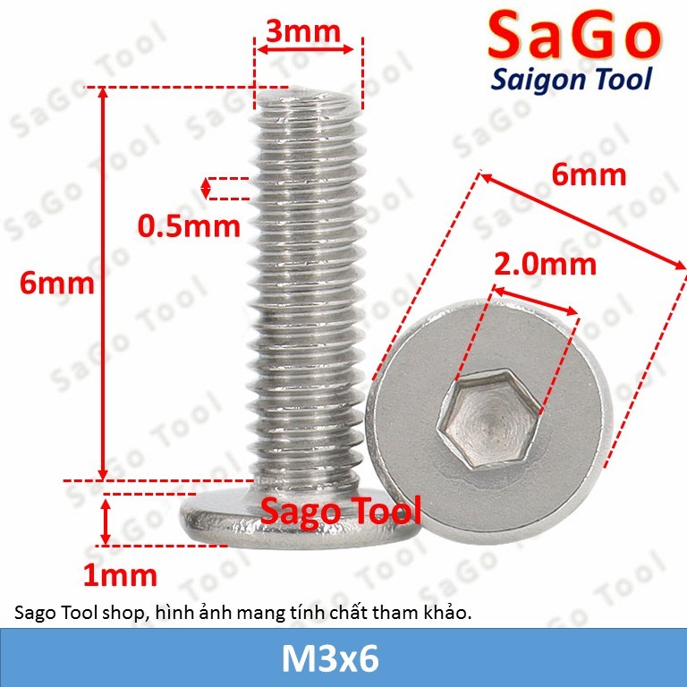 Ốc vít inox 304 đầu lục giác dẹp mỏng phẳng 3ly 4ly 5ly 6ly 8ly (10 con) - Ảnh 11