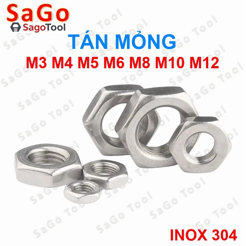 Đai Ốc Mỏng, Tán Dẹp, Tán Ecu Mỏng Inox 304 Dùng Cho Bulong M3, M4, M5, M6, M8, M10, M12