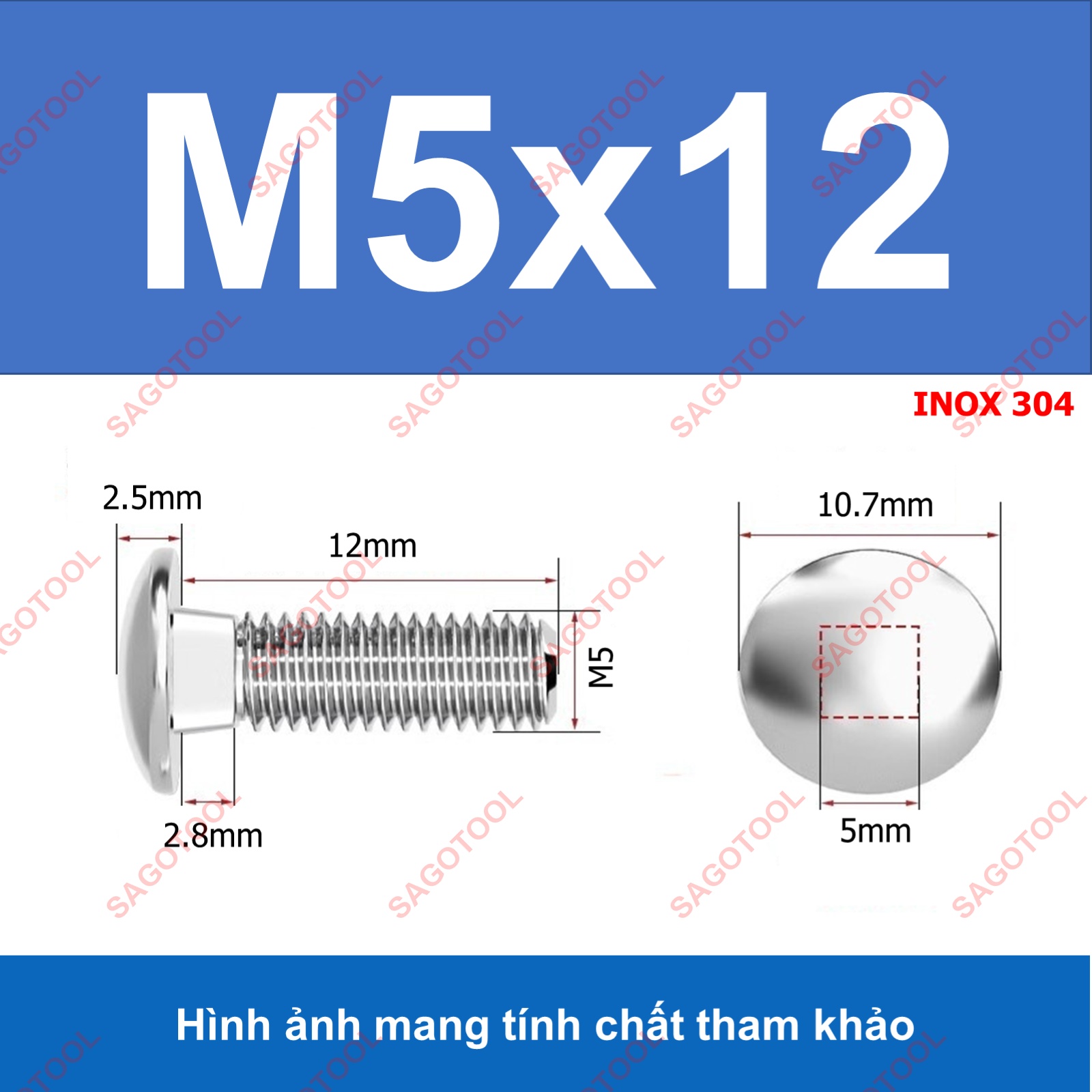 Bulong đầu tròn cổ vuông Inox 304 M5 M6 M8 - Ốc vít cổ vuông chống xoay - Ảnh 6