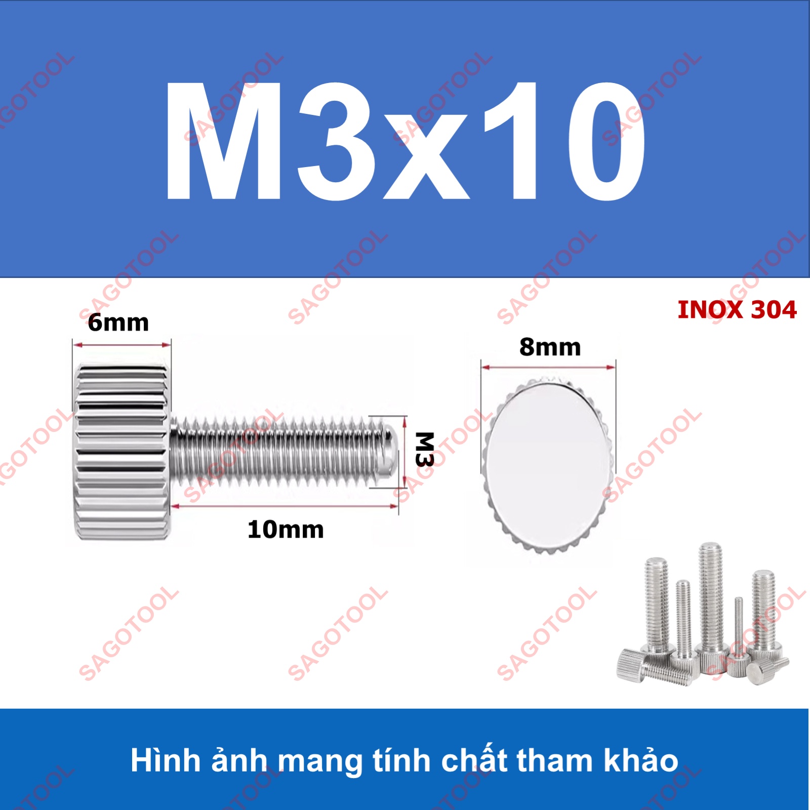 Bulong vặn tay ren ngoài đầu trụ Inox 304 M3 M4 M5 M6, Ốc vít vặn tay dài 6-30mm - Ảnh 7