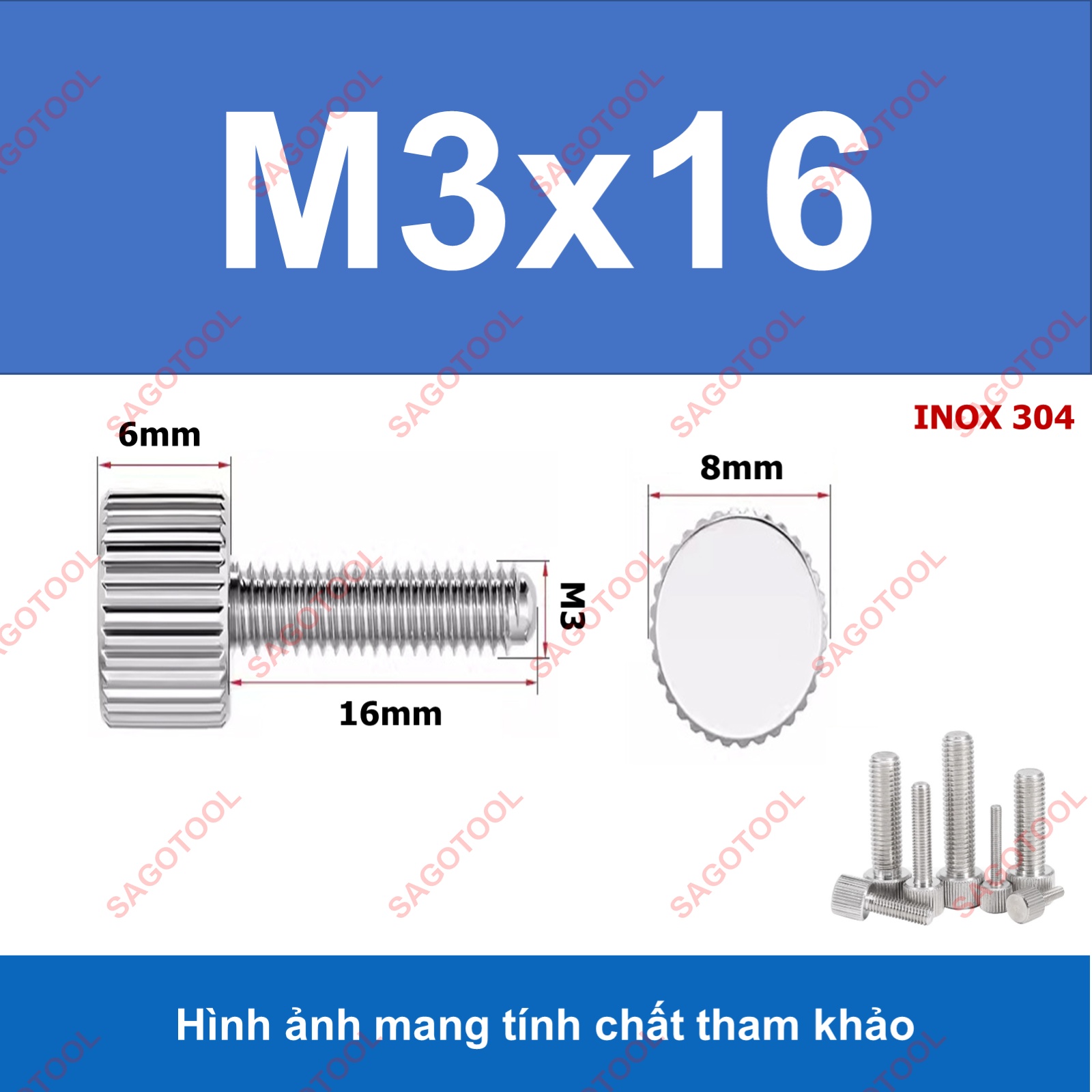 Bulong vặn tay ren ngoài đầu trụ Inox 304 M3 M4 M5 M6, Ốc vít vặn tay dài 6-30mm - Ảnh 8
