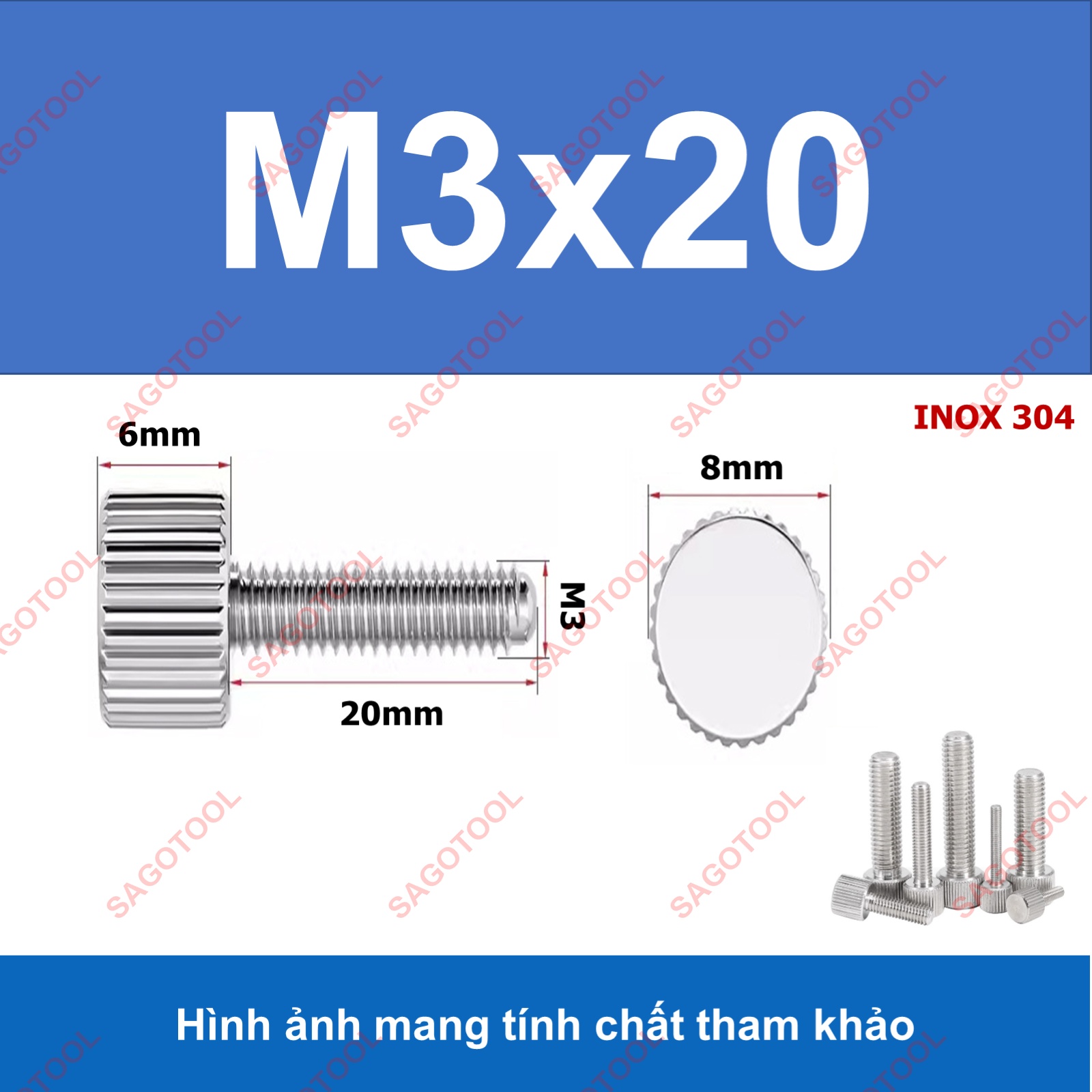 Bulong vặn tay ren ngoài đầu trụ Inox 304 M3 M4 M5 M6, Ốc vít vặn tay dài 6-30mm - Ảnh 9