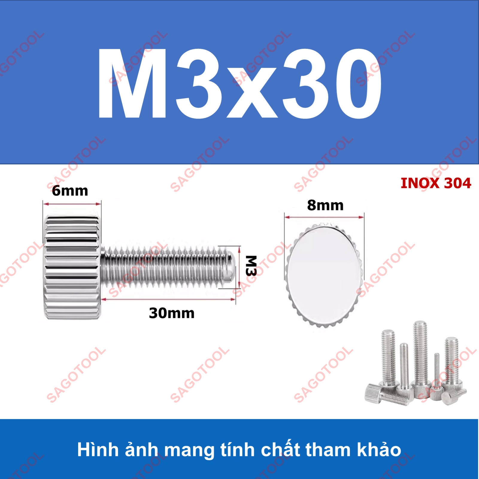 Bulong vặn tay ren ngoài đầu trụ Inox 304 M3 M4 M5 M6, Ốc vít vặn tay dài 6-30mm - Ảnh 10