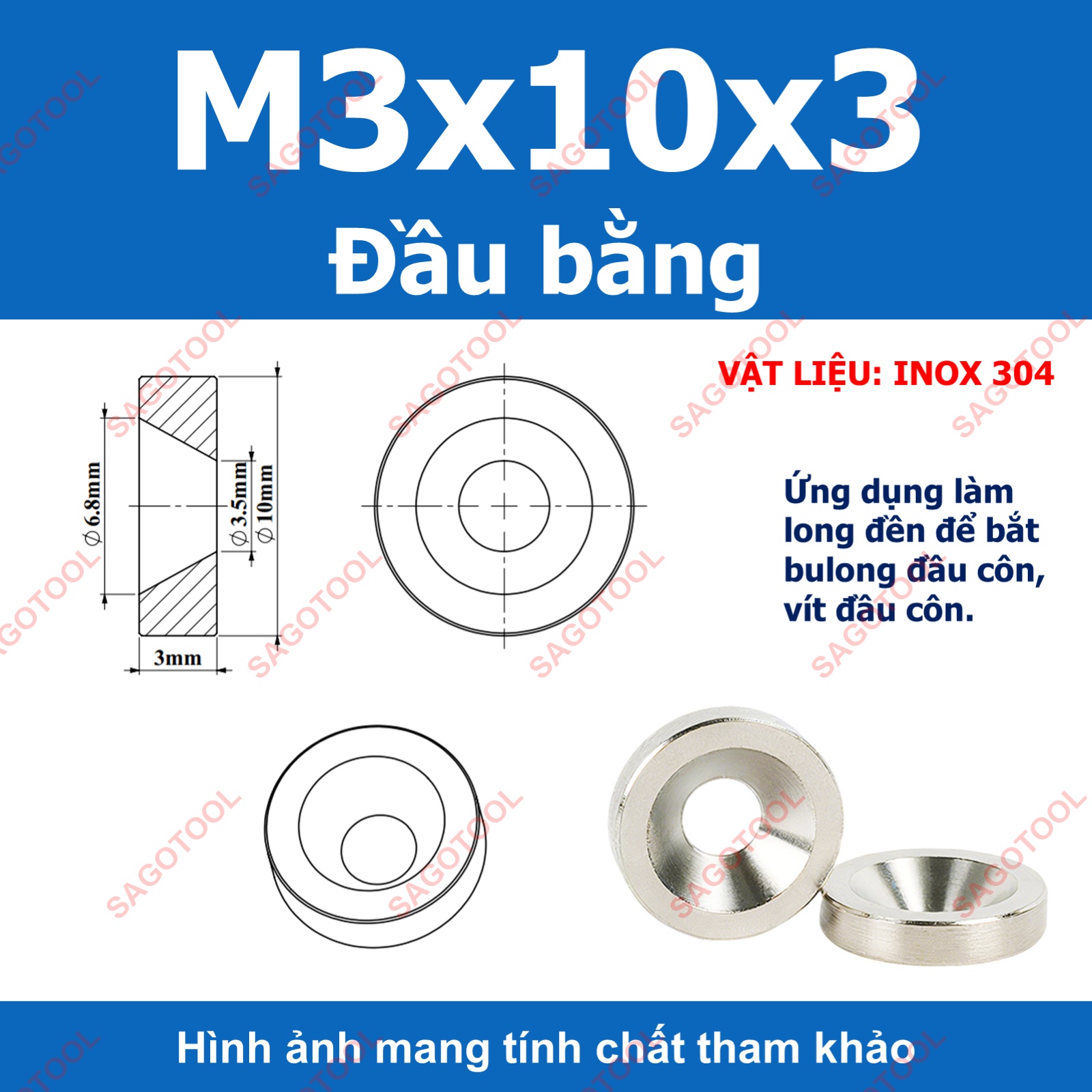 Vòng đệm hình nón inox 304, long đền chén âm đầu vít lỗ 3li -10li - Ảnh 6