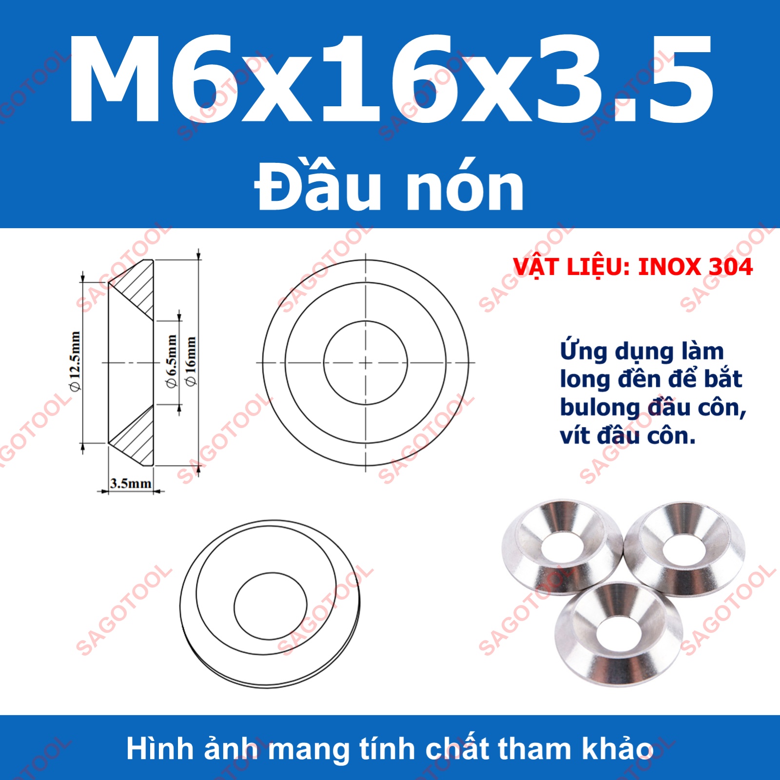 Vòng đệm hình nón inox 304, long đền chén âm đầu vít lỗ 3li -10li - Ảnh 13