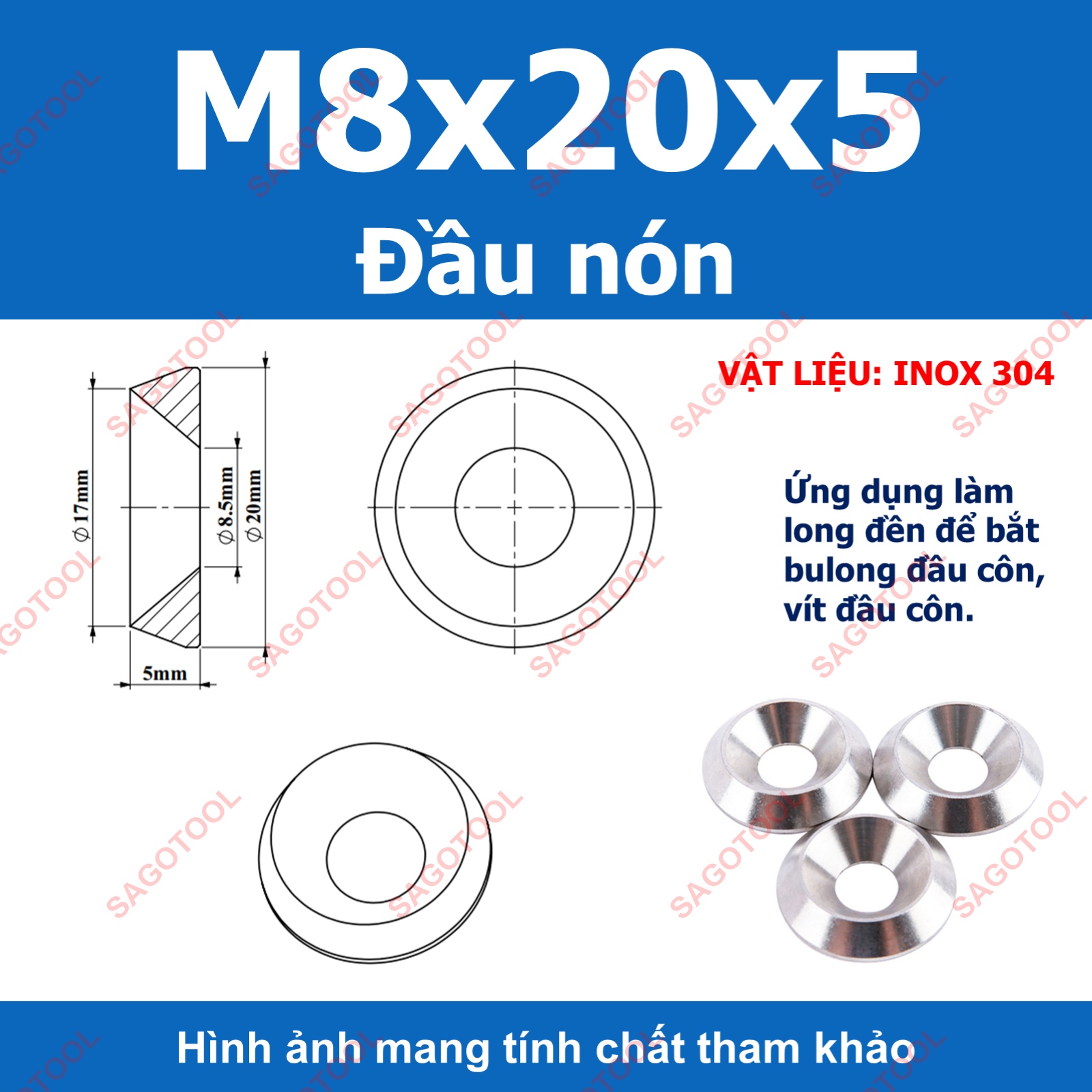 Vòng đệm hình nón inox 304, long đền chén âm đầu vít lỗ 3li -10li - Ảnh 15