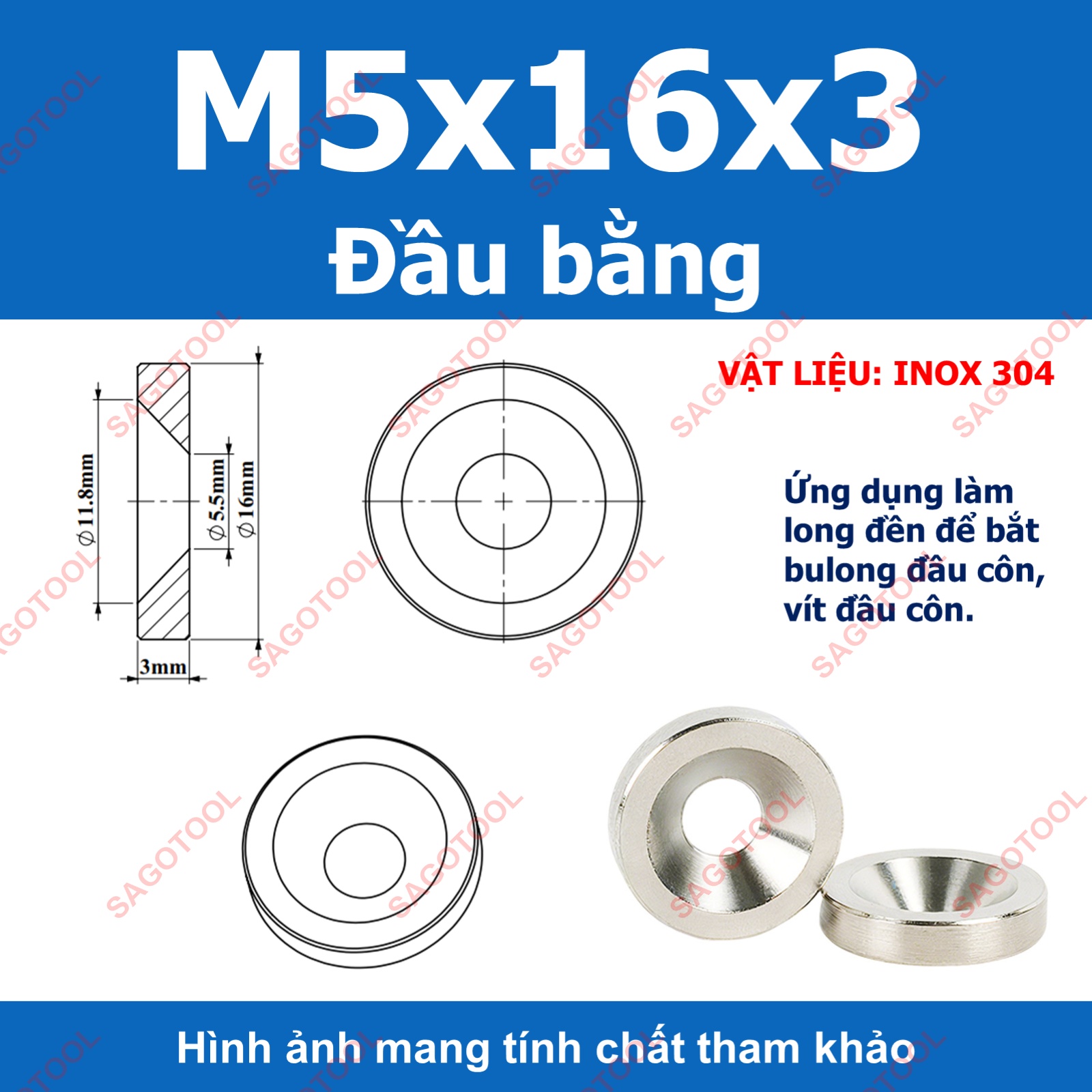 Vòng đệm hình nón inox 304, long đền chén âm đầu vít lỗ 3li -10li - Ảnh 10