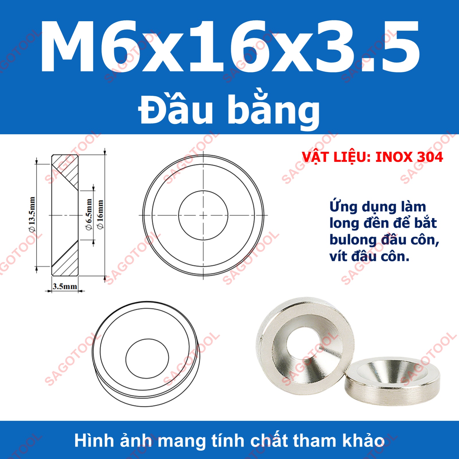 Vòng đệm hình nón inox 304, long đền chén âm đầu vít lỗ 3li -10li - Ảnh 12