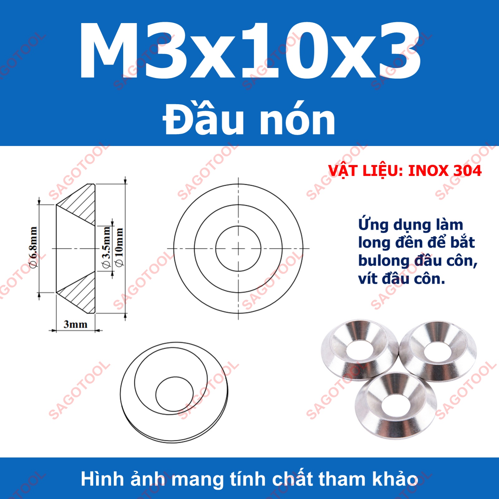 Vòng đệm hình nón inox 304, long đền chén âm đầu vít lỗ 3li -10li - Ảnh 7