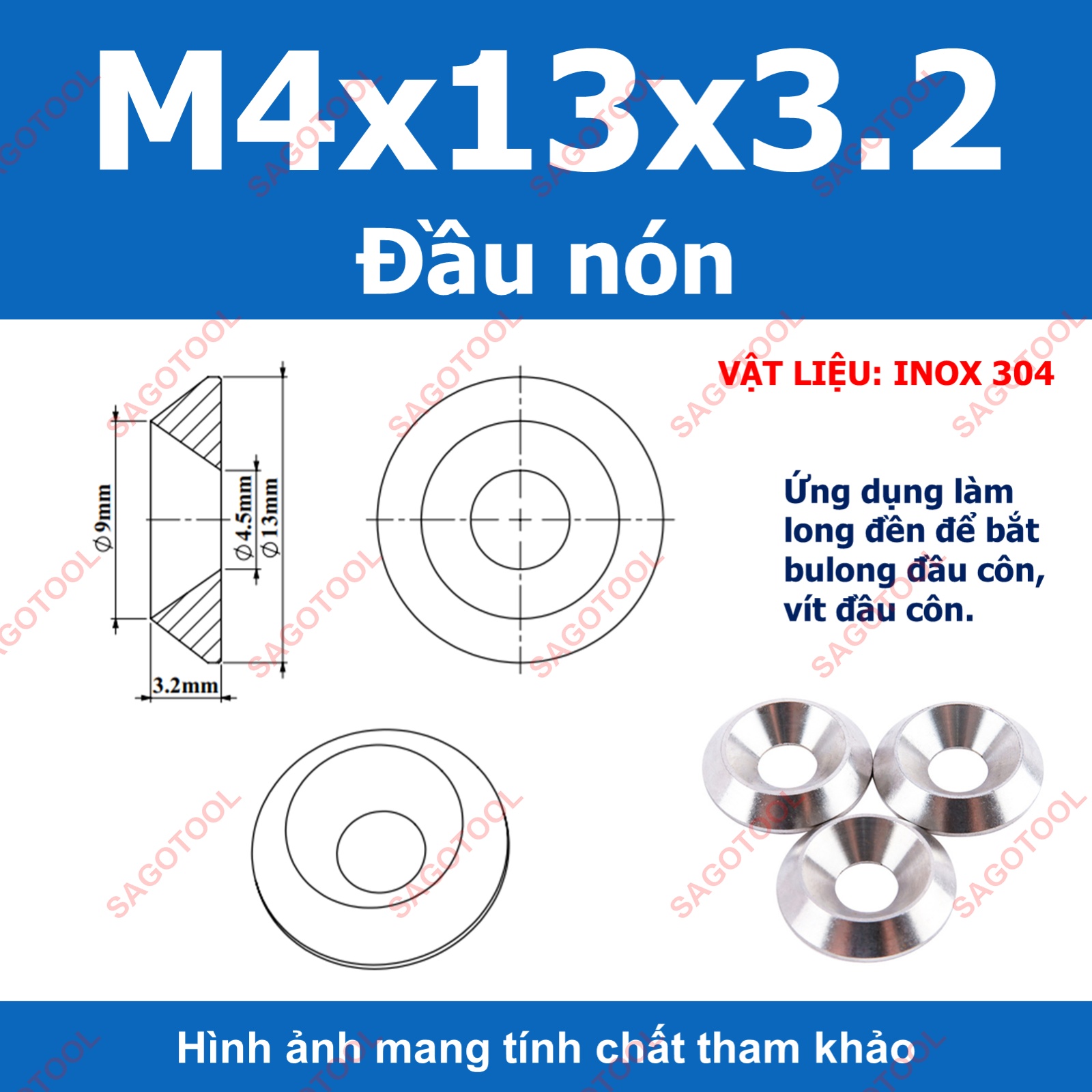 Vòng đệm hình nón inox 304, long đền chén âm đầu vít lỗ 3li -10li - Ảnh 9