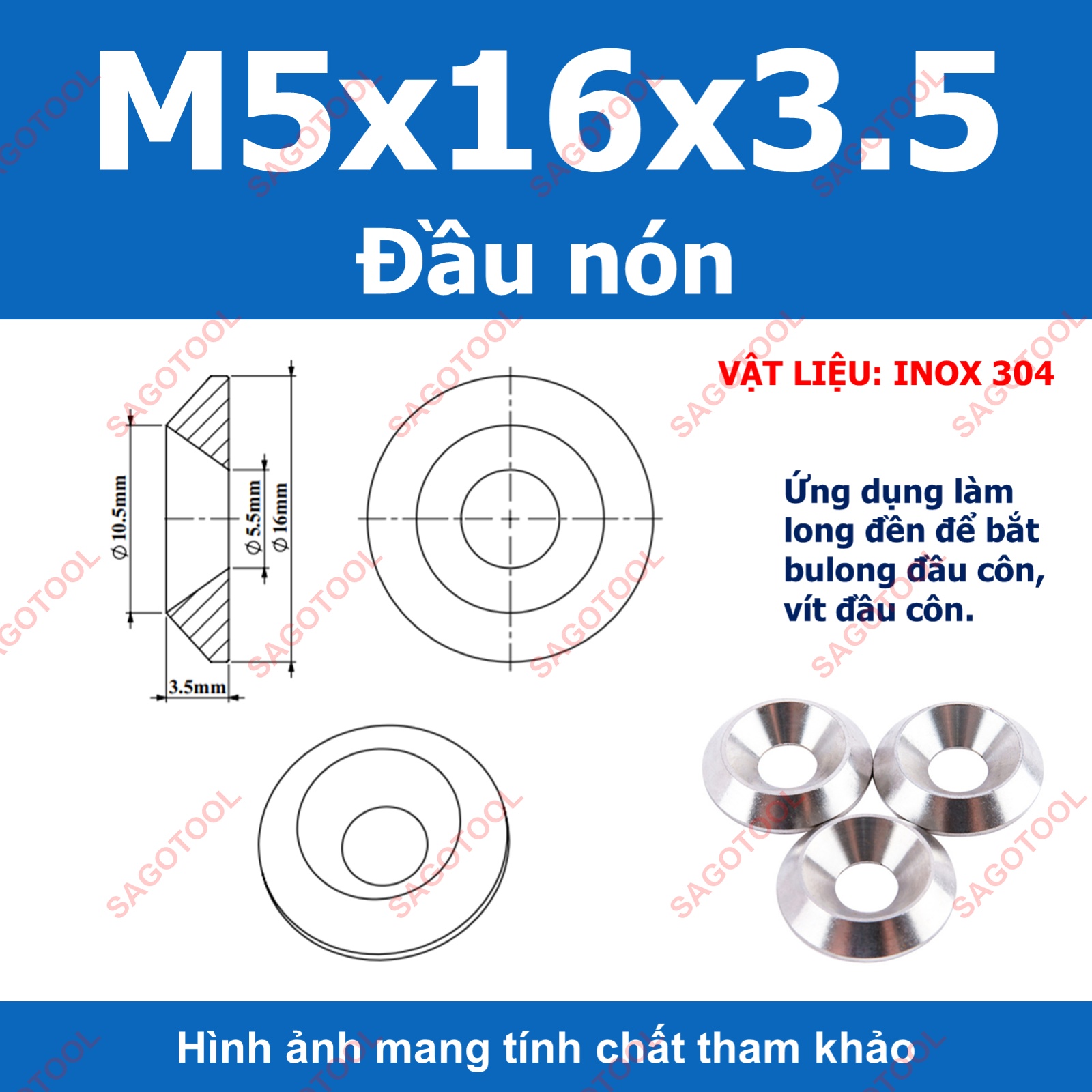 Vòng đệm hình nón inox 304, long đền chén âm đầu vít lỗ 3li -10li - Ảnh 11